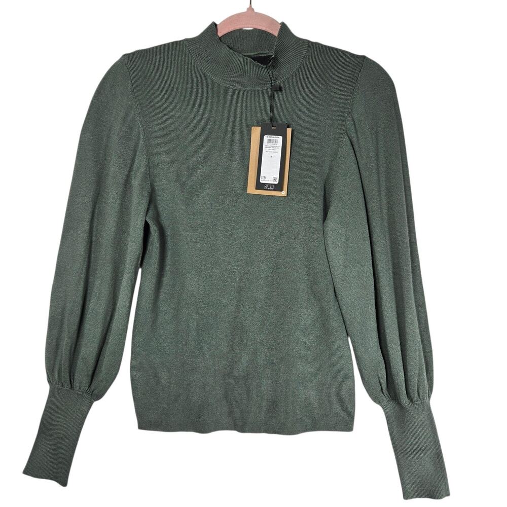 Vero Moda Sweater Womens‎ Medium Green Mock Neck Puff Sleeve Soft Cozy Ribbed